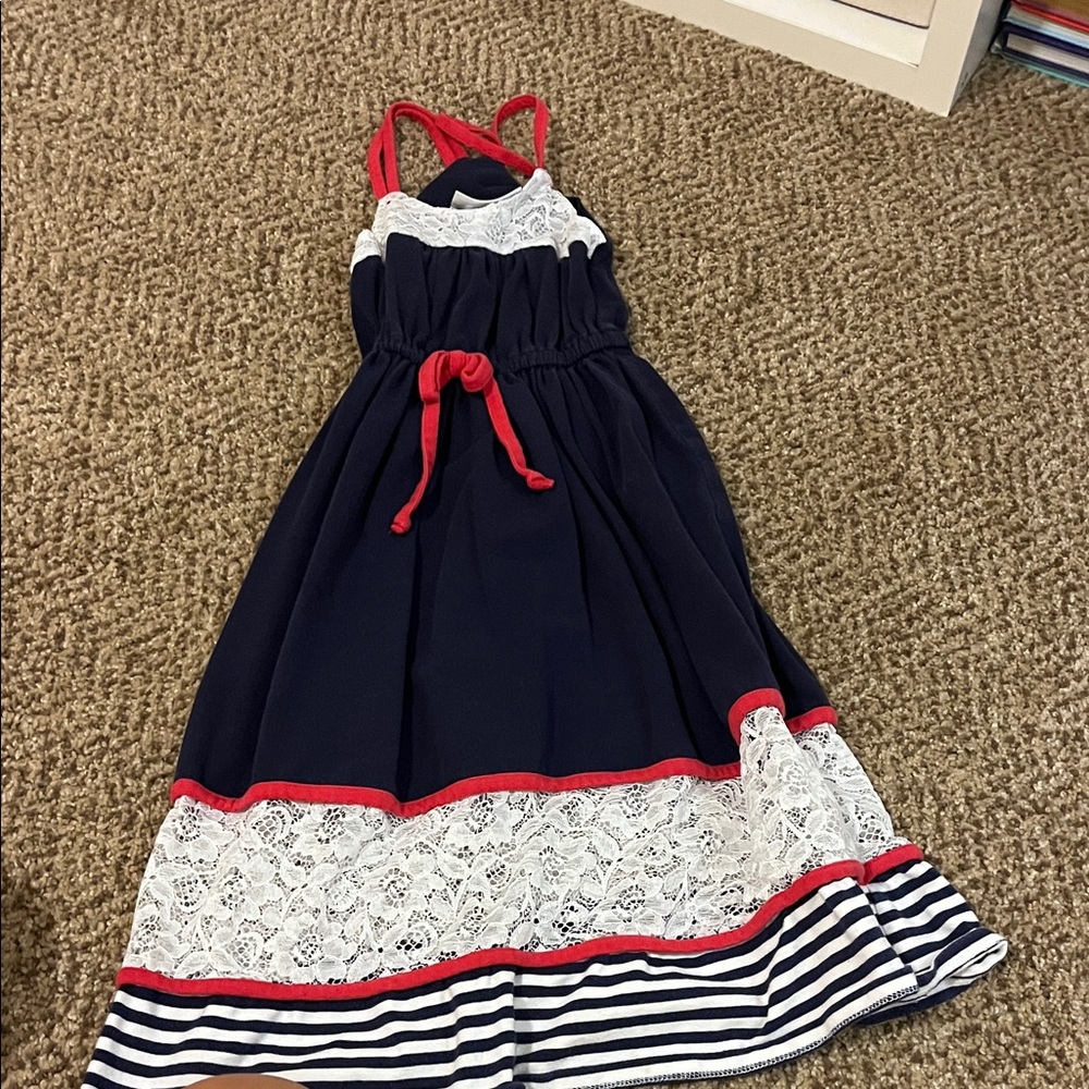 Bonnie Jean Navy Dress with White Lace and Red Trim